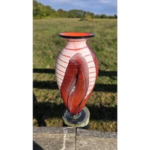 Vintage The Glass Forge Art Glass Vase Red Orange Signed 2002 Hand Blown USA